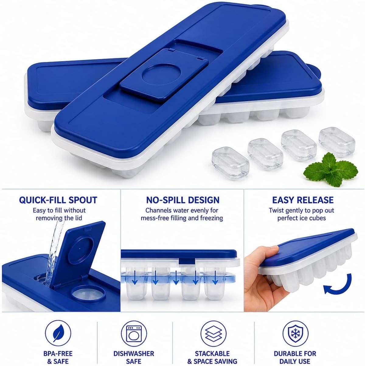 2-Pack No-Spill Ice Cube Trays with Lids – BPA-Free, Easy Release & Stackable...