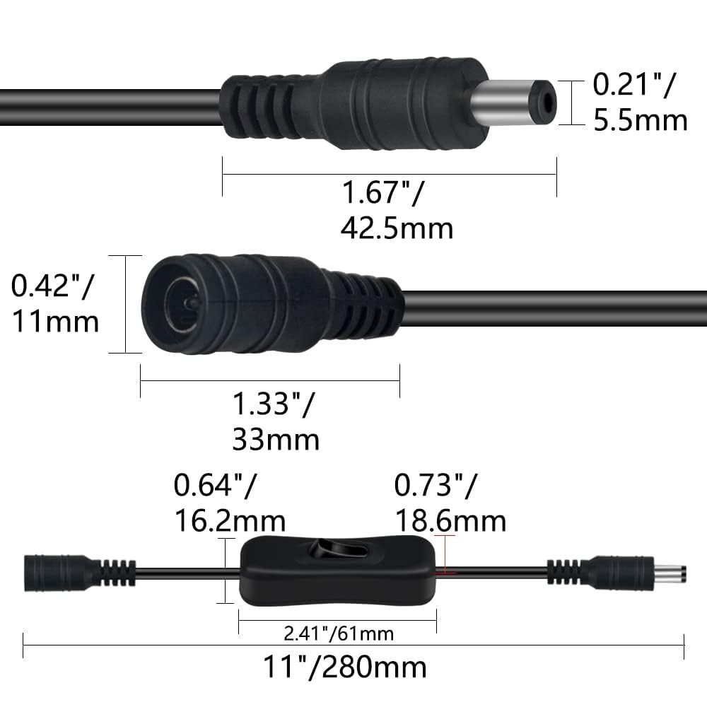 Gebildet 5pcs 12V LED Strip Light Inline On/Off Switch Cable DC Jack 30cm