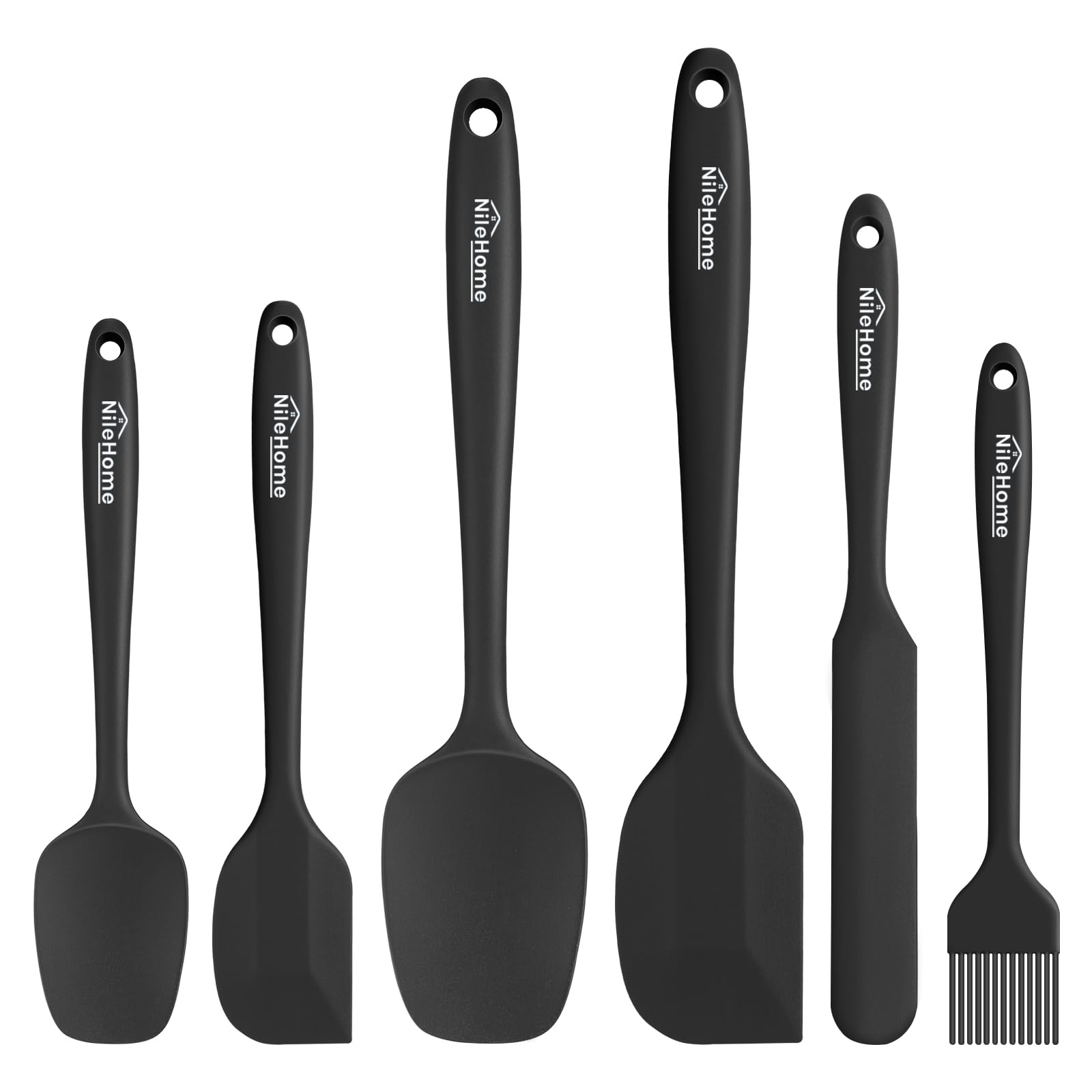 NileHome Silicone Spatula Set, 6 Pieces Food Grade Kitchen 6-pack, Black-6P