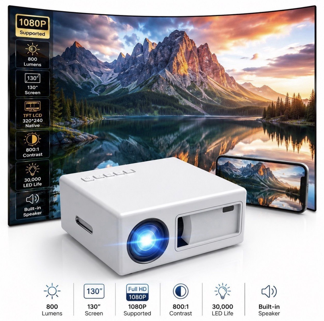 LED Projector Home Theater - 130 Display Full HD Works With All Popular Streams