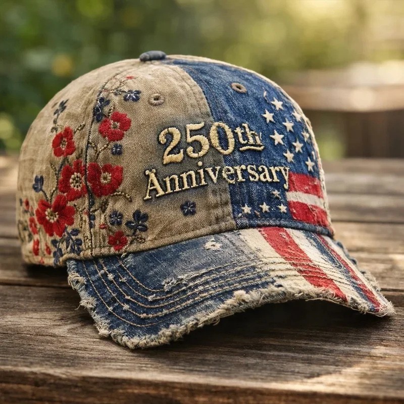 US 250th Anniversary Denim Baseball Cap | American Flag & Floral Embroidered Hat