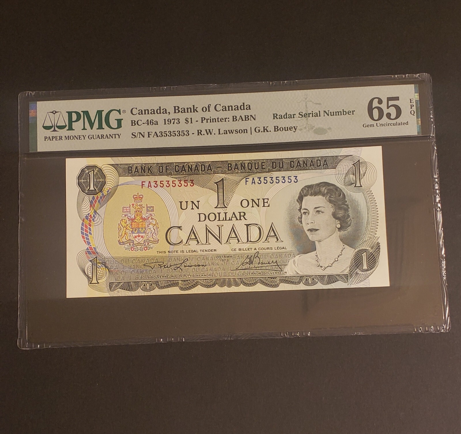 1973 Bank of Canada 2-DIGIT RADAR & REPEATER $1 Banknote. GEM UNC-65. EPQ.
