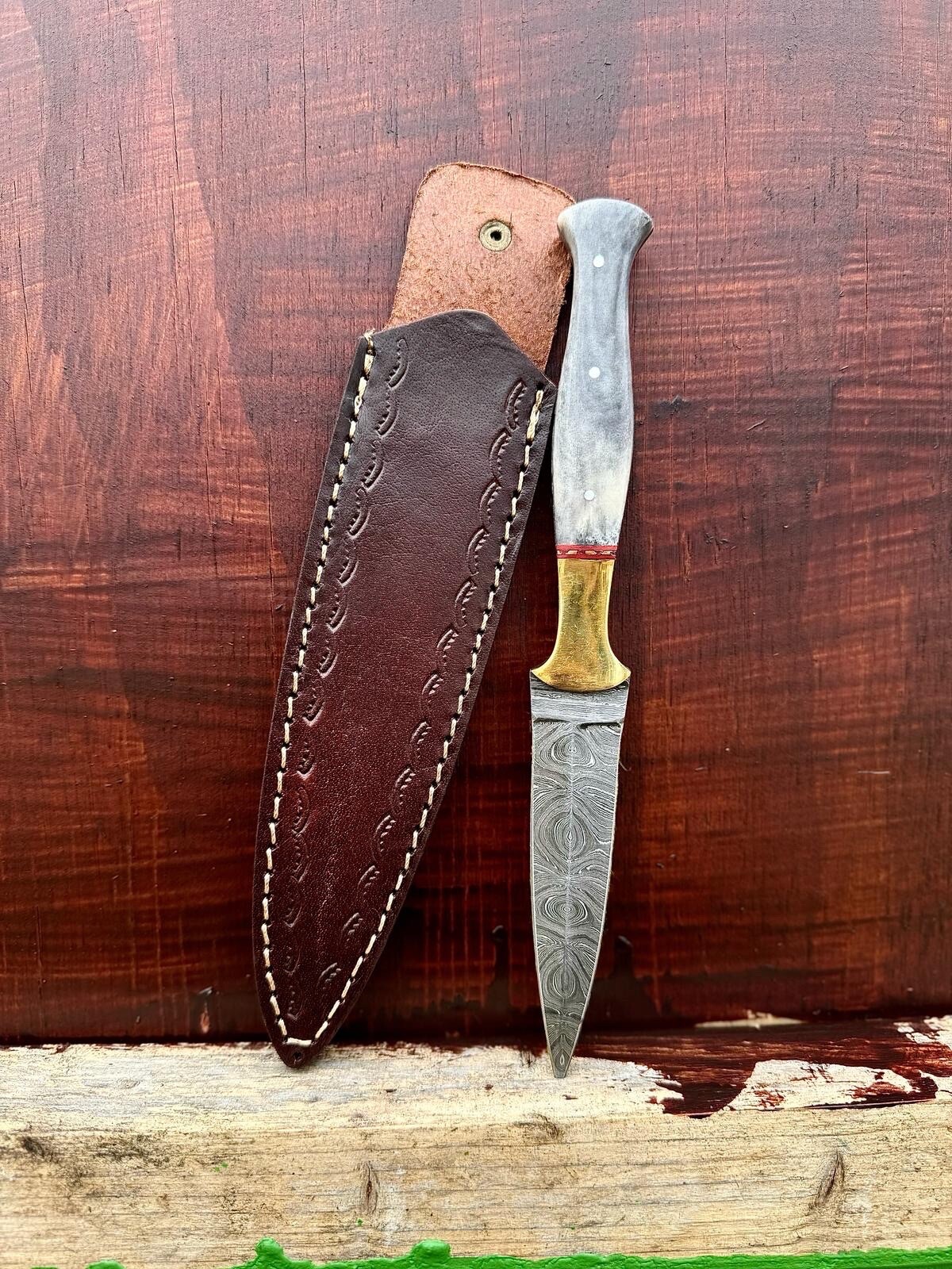 Damascus Steel Knife With Leather Sheath Dirk Boot Double Edged Dagger Throwing