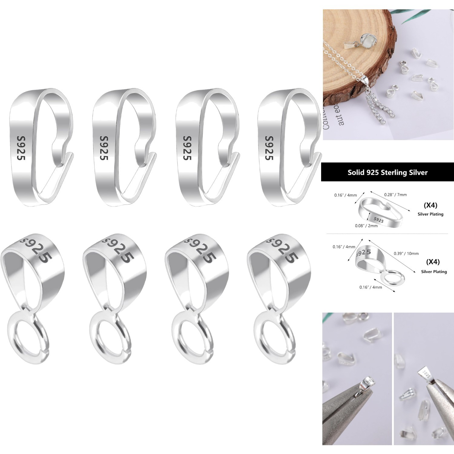 8Pcs 925 Sterling Silver Pendant Clasp Pinch Clip Bails Jewelry Making Findings