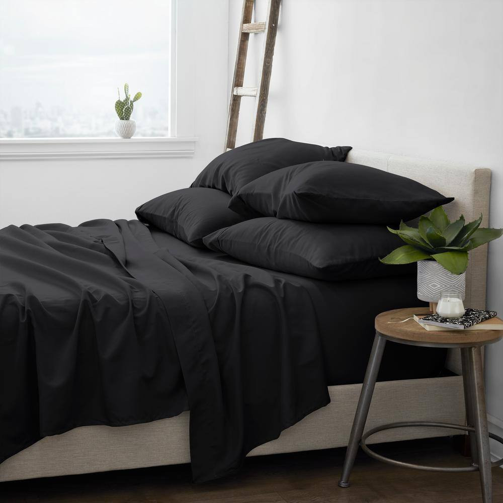 6-Piece Black Solid Microfiber Twin Sheet Set