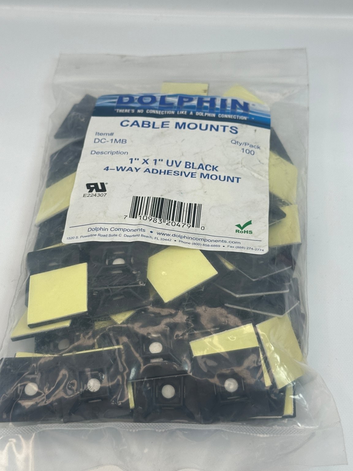 Dolphin Cable Mounts DC-1MB  1"x1" UV Black 4-Way Adhesive Lot of 100 Cable Ties