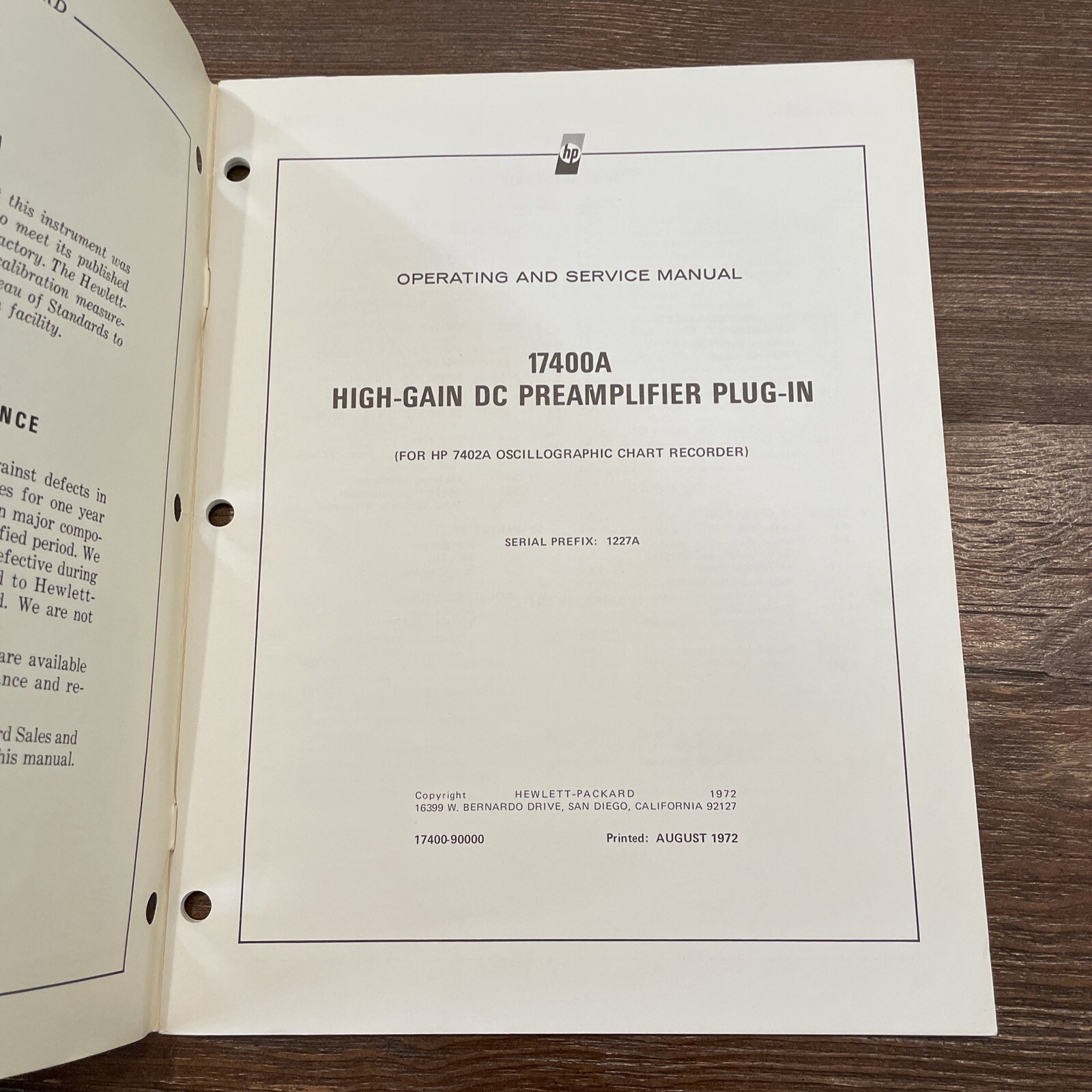 HP 17400A High-Gain DC Preamplifier Operating & Service Manual 17400-90000