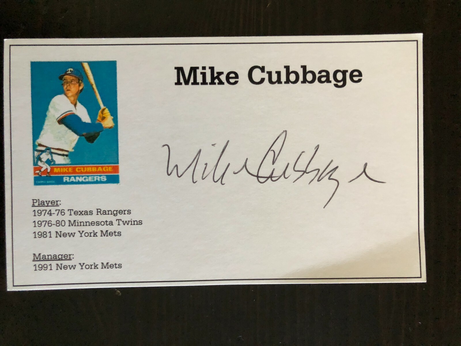 Texas Rangers MIKE CUBBAGE autographed 3x5 Index Card