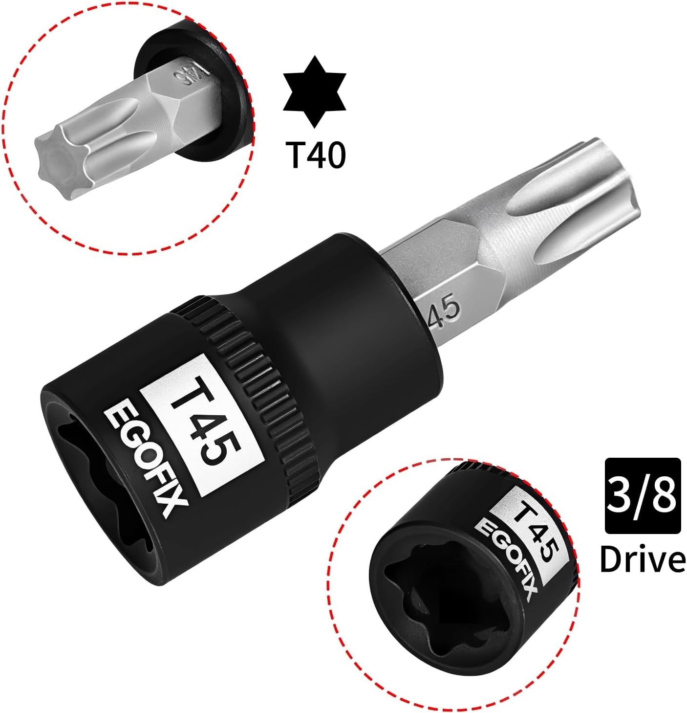 3/8” Drive T45 Torx Socket - Durable Chrome Vanadium Steel, Drop-Forged & Las...