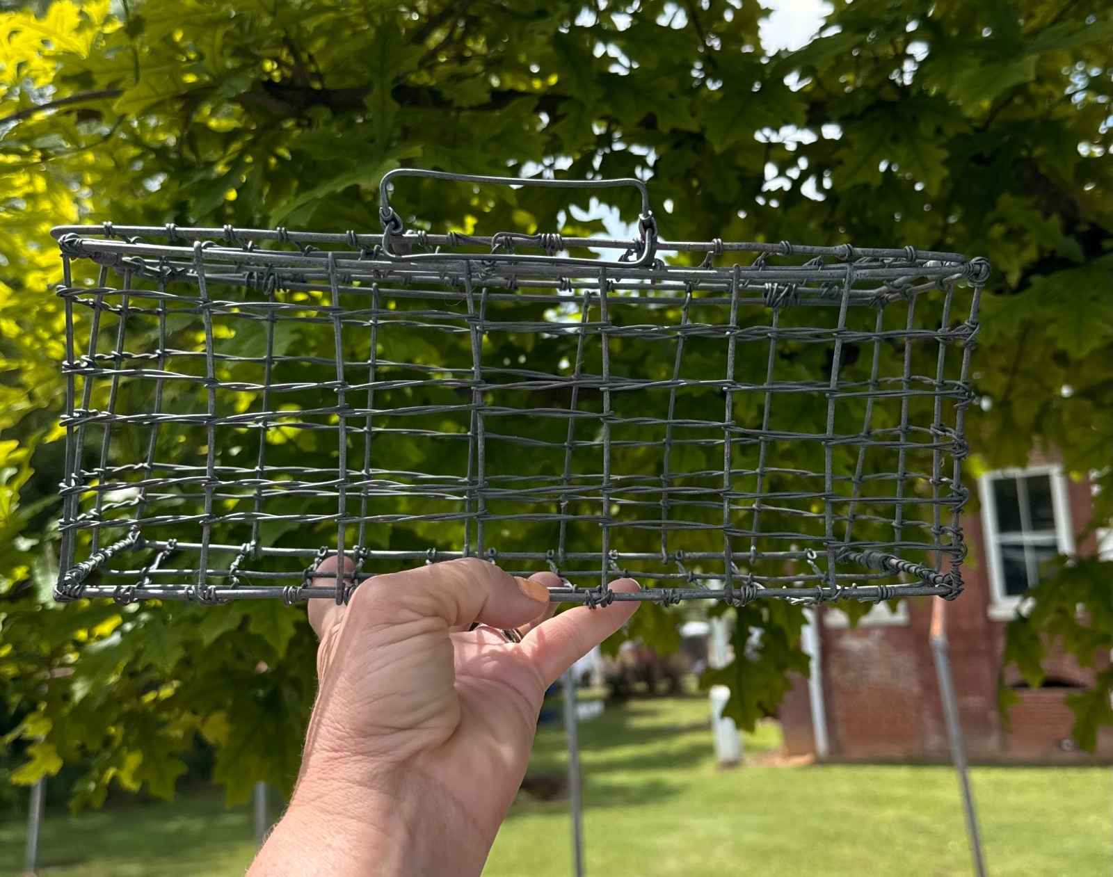 small rectangular wire baskerbasket with attached lid and clasp graden or home