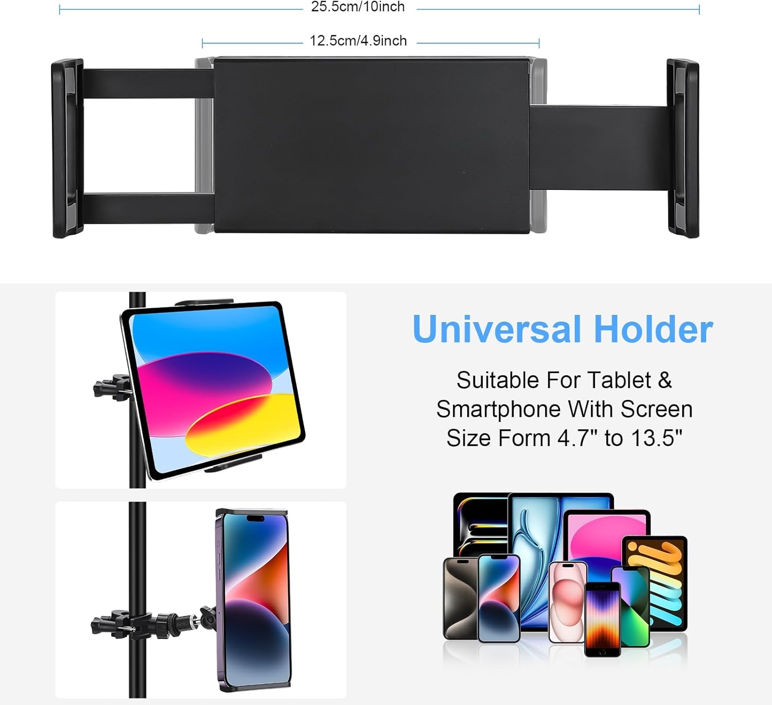Tablet Holder for Mic Stand, Adjustable Microphone Music Holder, Black