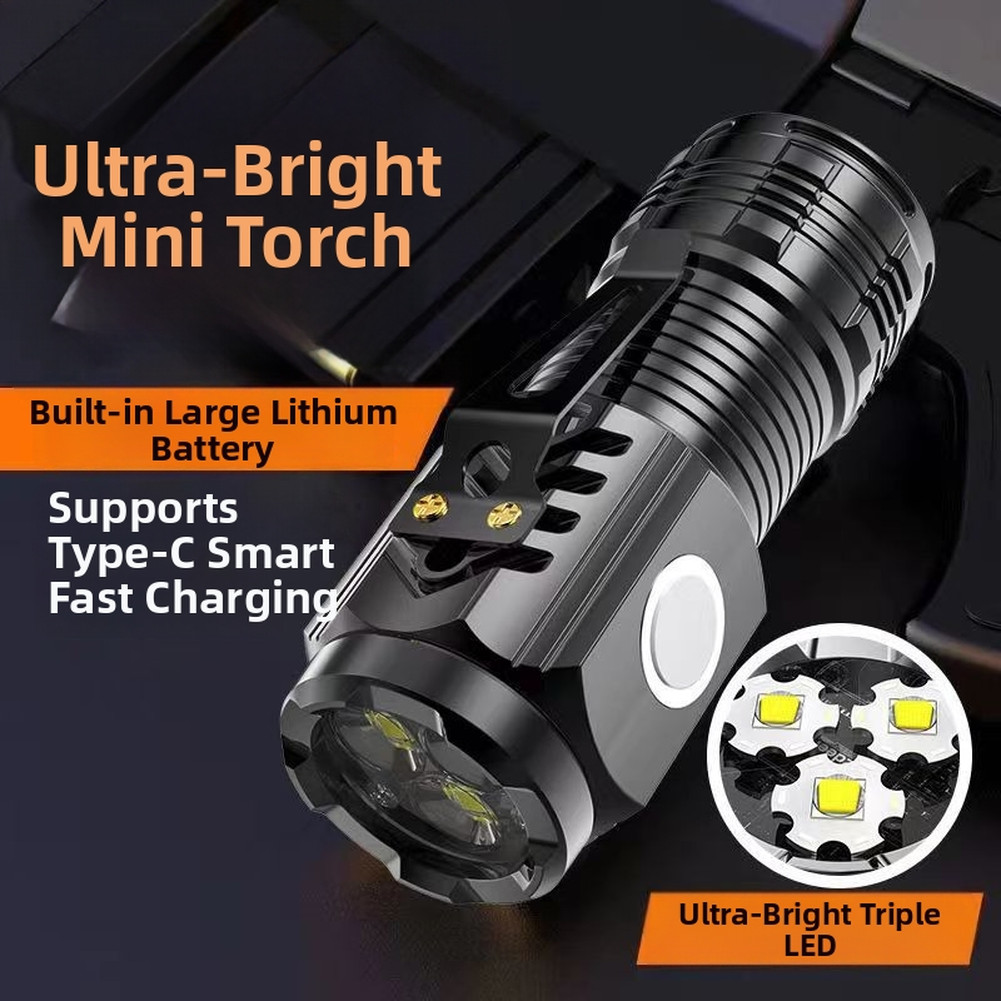 Three-Eye Flashlight Magnetic Clip Light Triple LED Bulbs Type-C Fast Charging