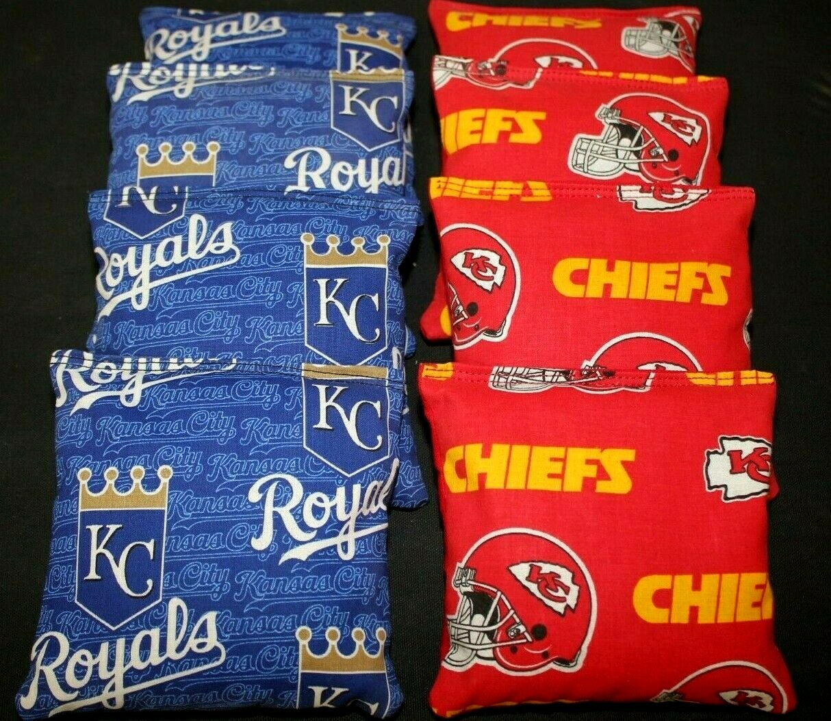 KANSAS CITY ROYALS & CHIEFS CORNHOLE BEAN BAGS 8 ACA Reg Bags made w MLB Fabric