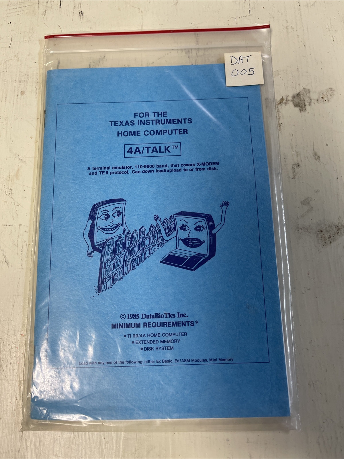 Ti-99/4a 4a/TALK 1985 Databiotics Original Manual NEW NOS RARE Terminal Emulator