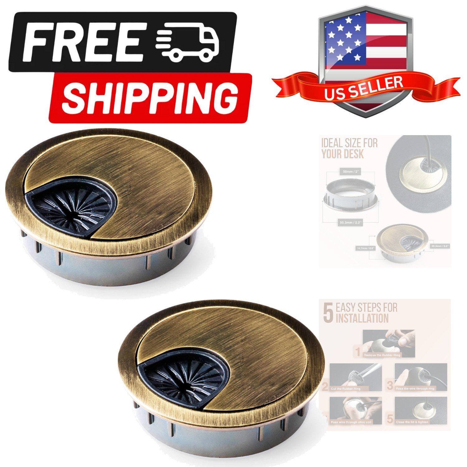 Metal Desk Grommet 2 Inch 50 mm Pack of 2-Bronze Zinc Alloy Metallic Desk Cor...