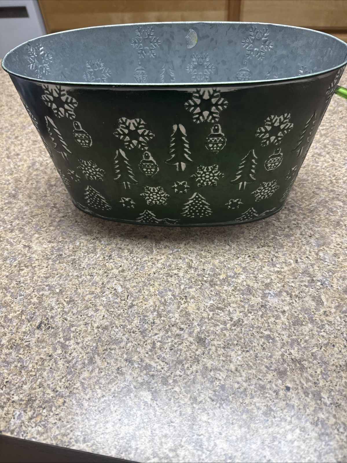 Vintage Christmas w/ Green White Highlights Embossed Metal Oval Planter 11.5 x 6