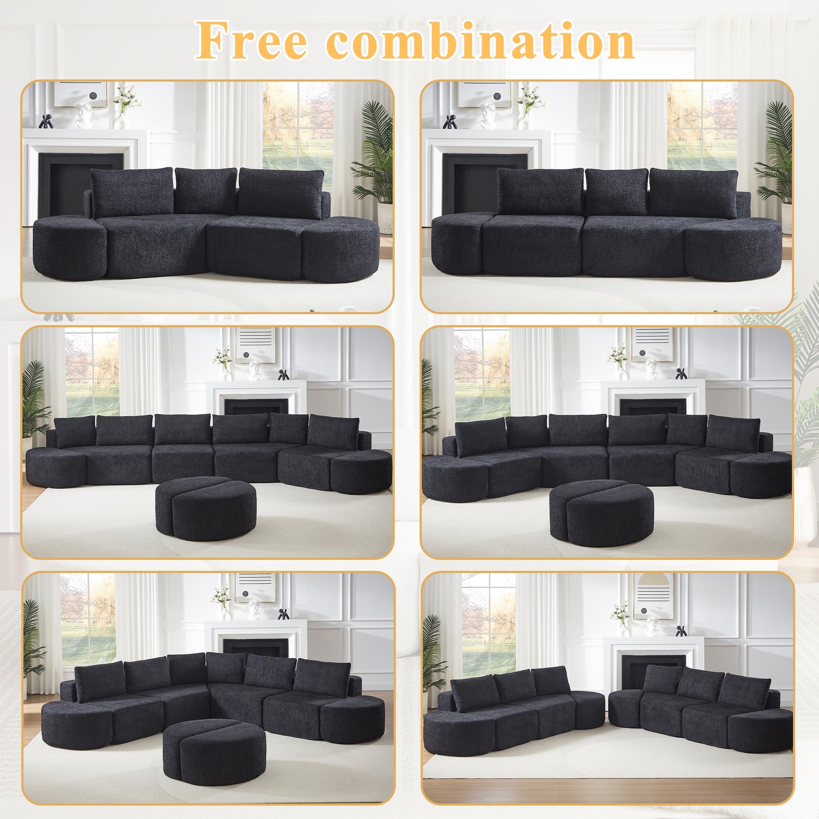 106.3-inch V-shaped modular sofa set in chenille fabric, featuring three throw p