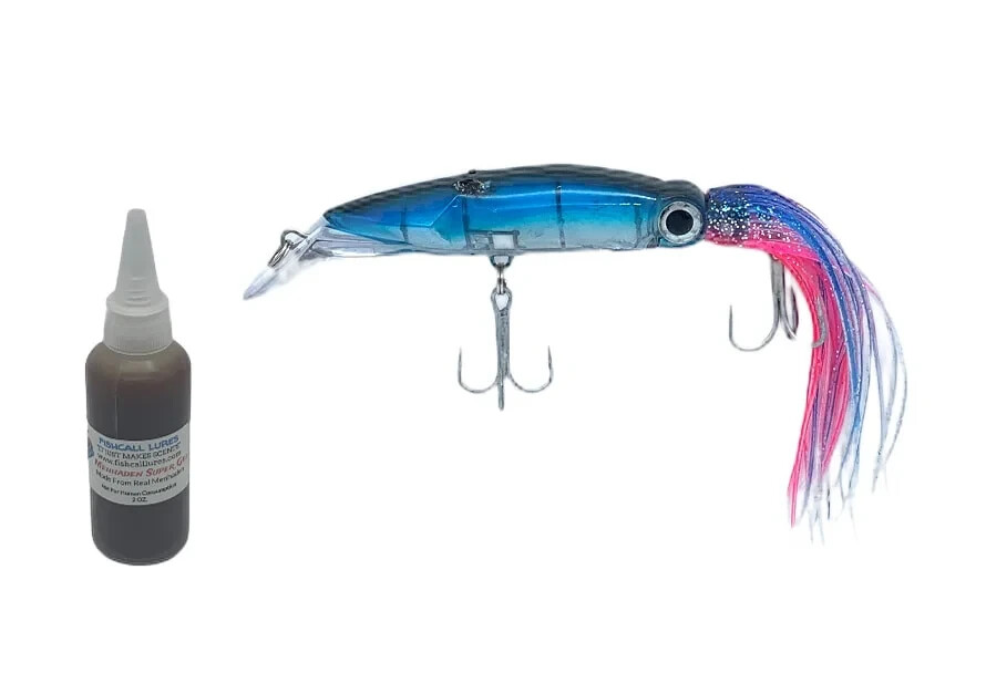 Scented fishing lure 6-inch Squid.  Includes two-ounce Menhaden Scent.