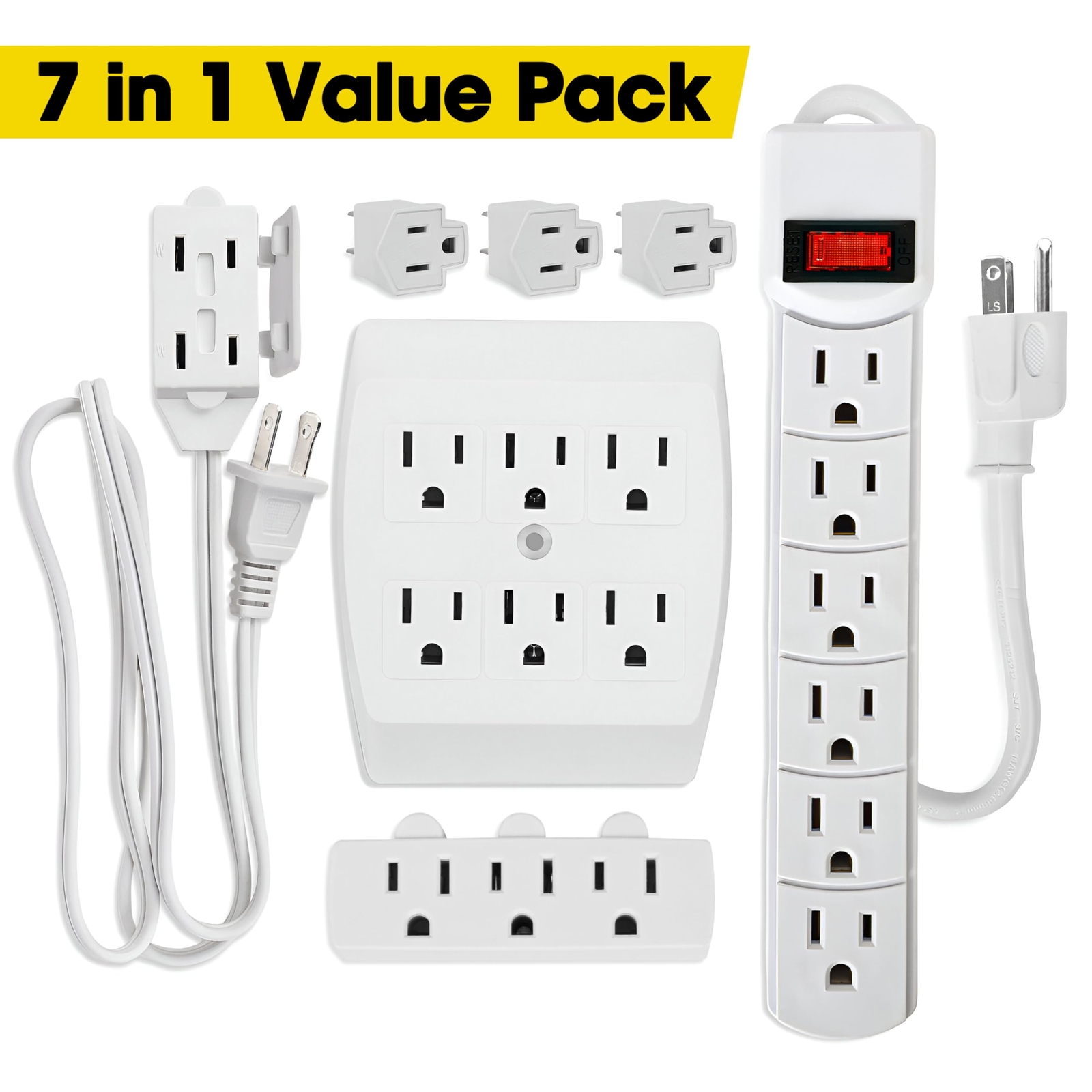 7 Piece Power Value Pack Multioutlet Kit Set Includes 6 Outlet Power Strip 6 Out