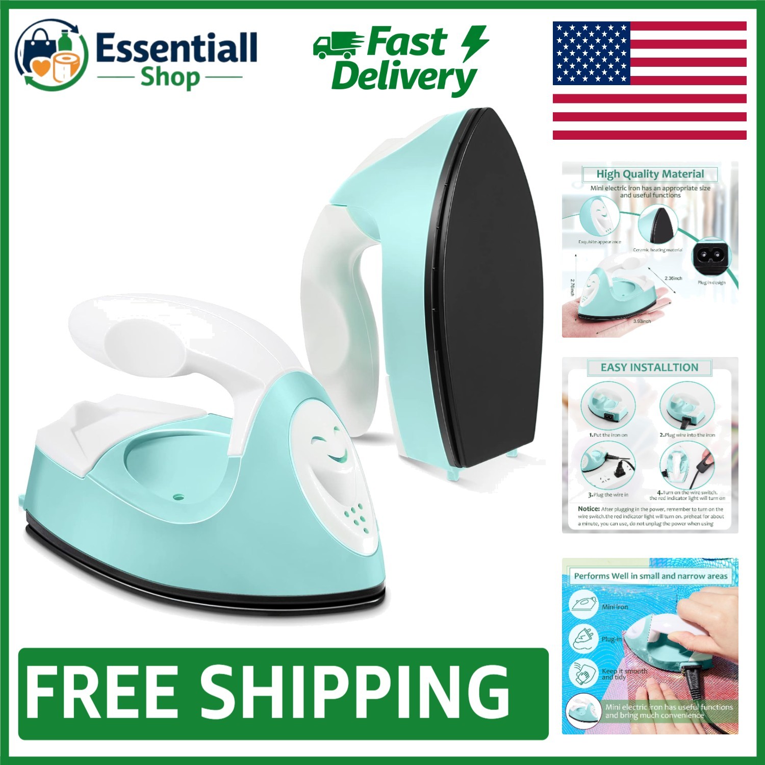 Portable Mini Craft Iron: 3.93x2.36 in Heat Press for DIY Projects - Mint Green