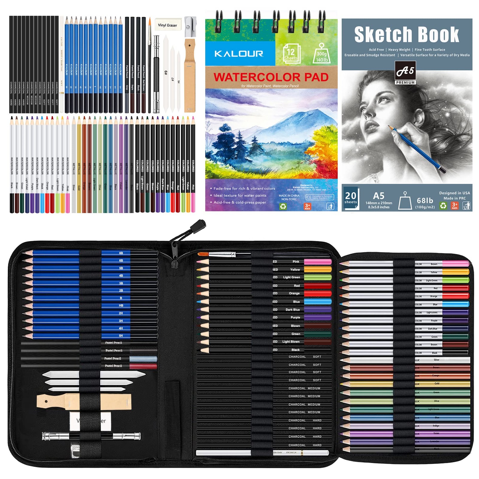 KALOUR 76 Drawing Sketching Kit Set - Pro 1 Count (Pack of 76), multicolor