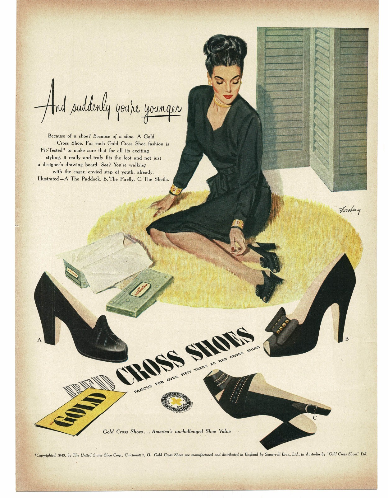 1946 Gold Cross Shoes for Women High-heel Paddock Firefly Sheila Vintag Print Ad