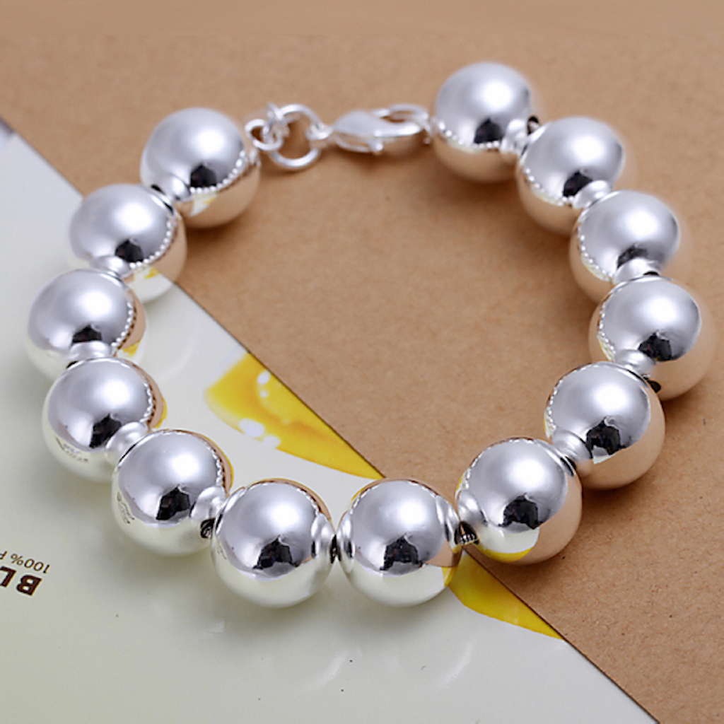 Unisex Sterling Silver Bracelet Beads Balls Size 8 Inches 14MM Lobster L36