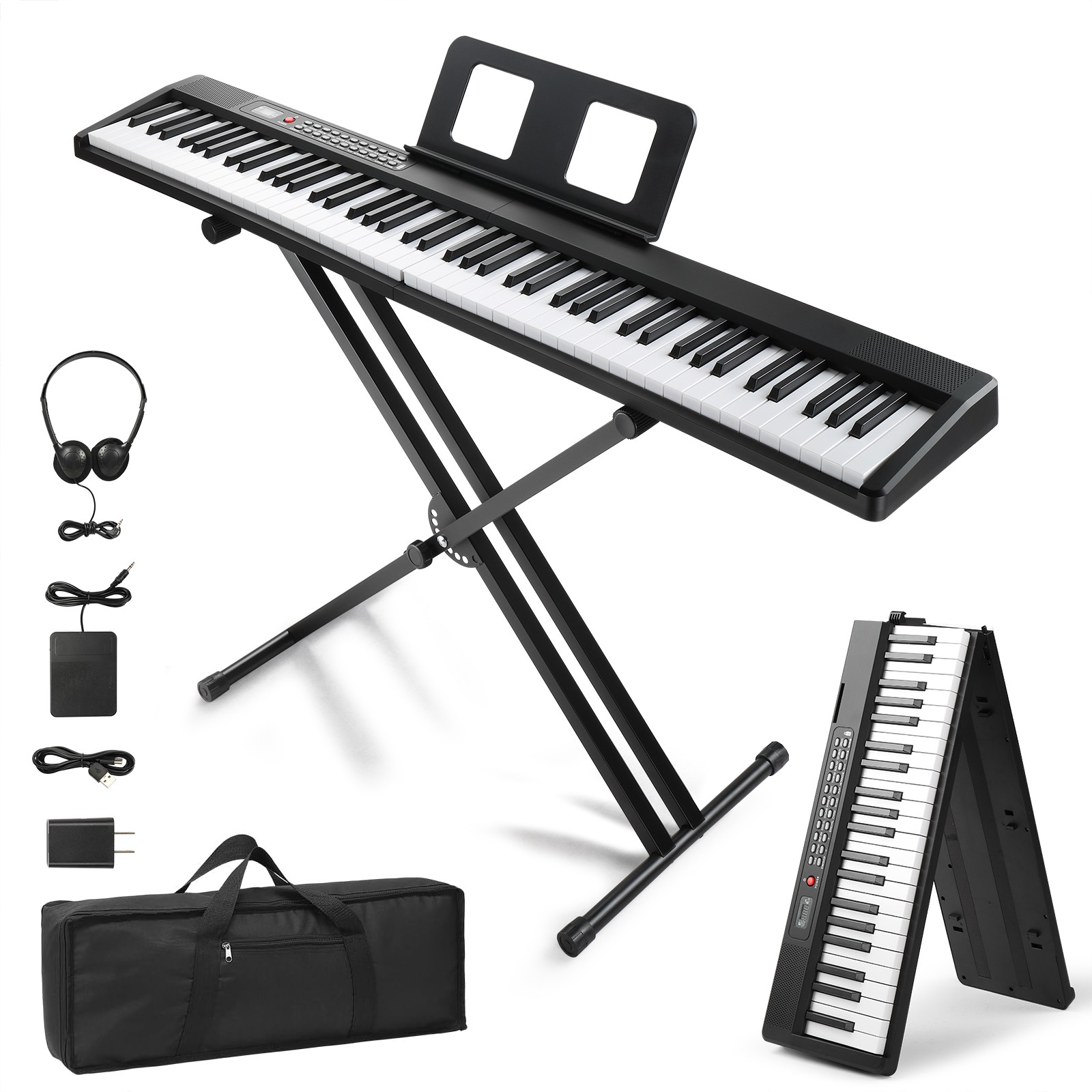 Glarry Foldable 88-Key Full Size Semi-Weighted Digital Piano+ X-Shape Stand