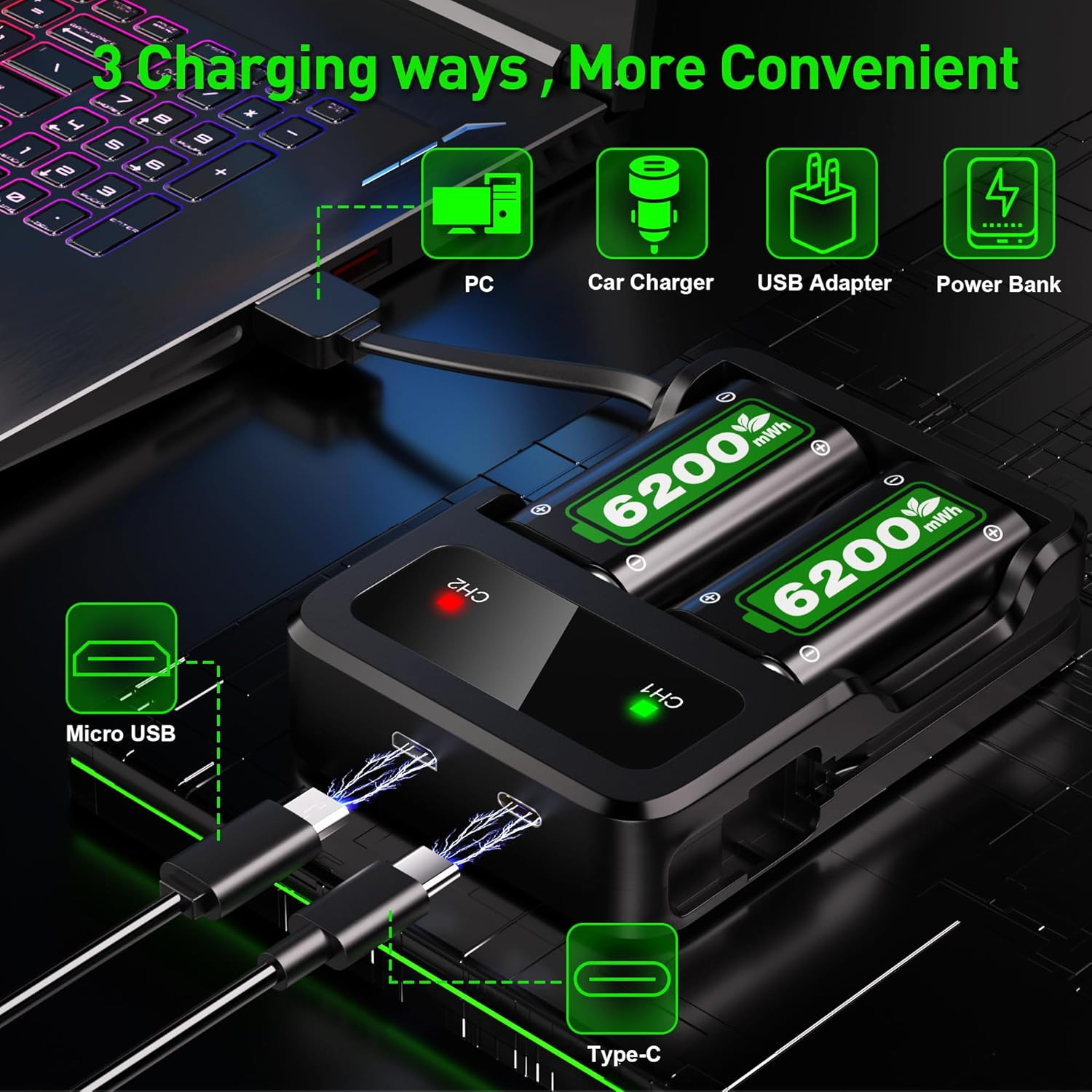 Ukor Fast Charging 2X6200Mwh Rechargeable Battery Packs with Charger for Xbox On