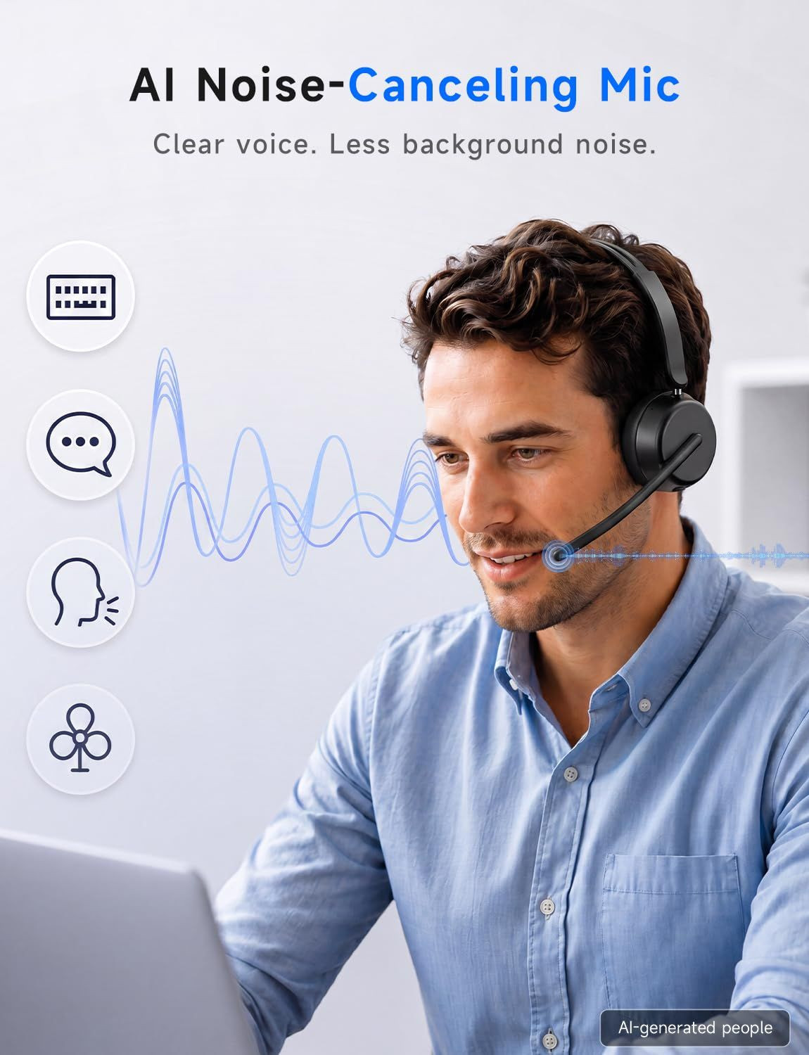 AOC Wireless Headset with Mic for Work, Bluetooth 5.4 Headphones Dark Black