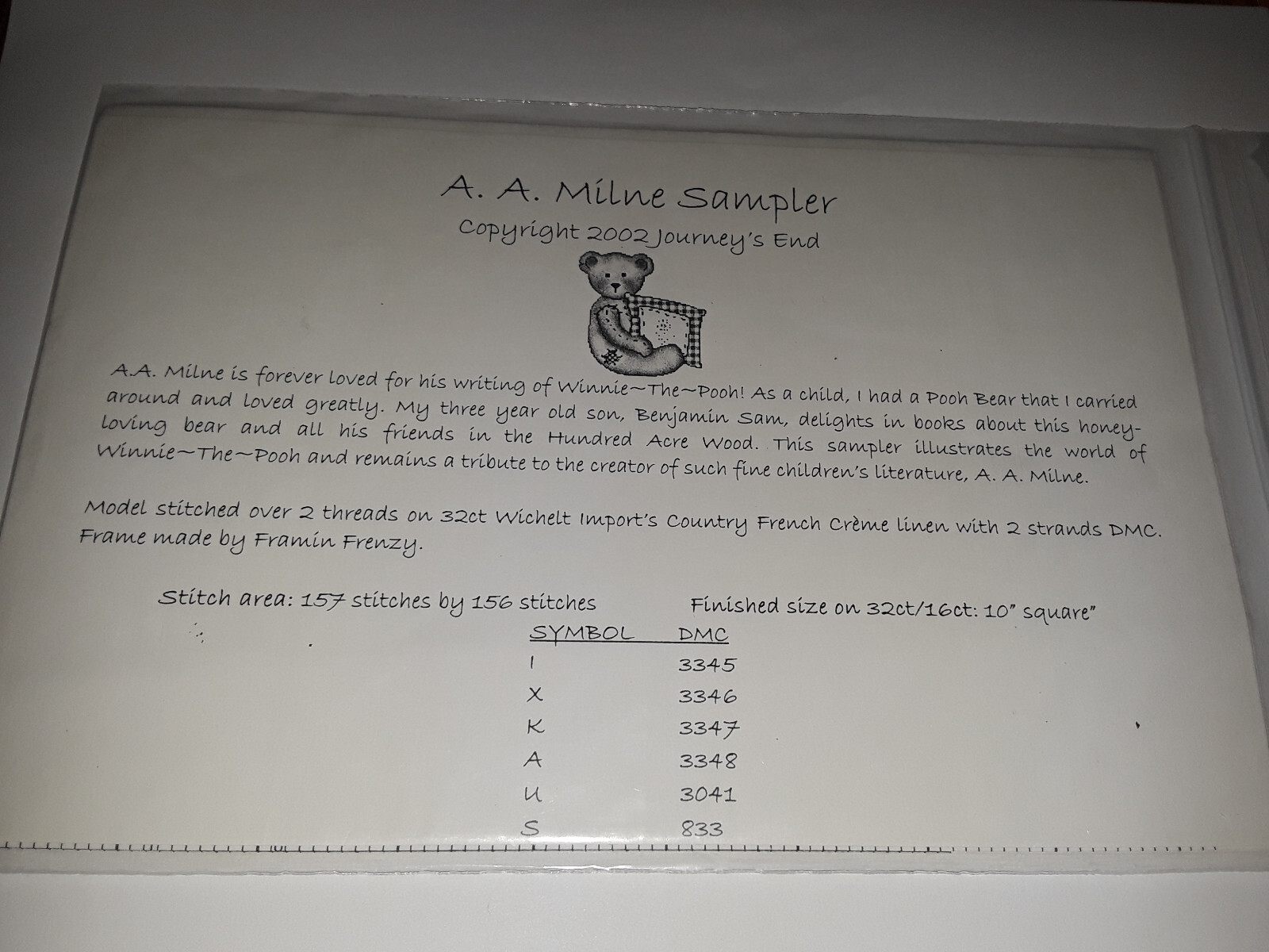 JOURNEY'S END "A.A. MILNE SAMPLER" CROSS STITCH CHART PACK 2002