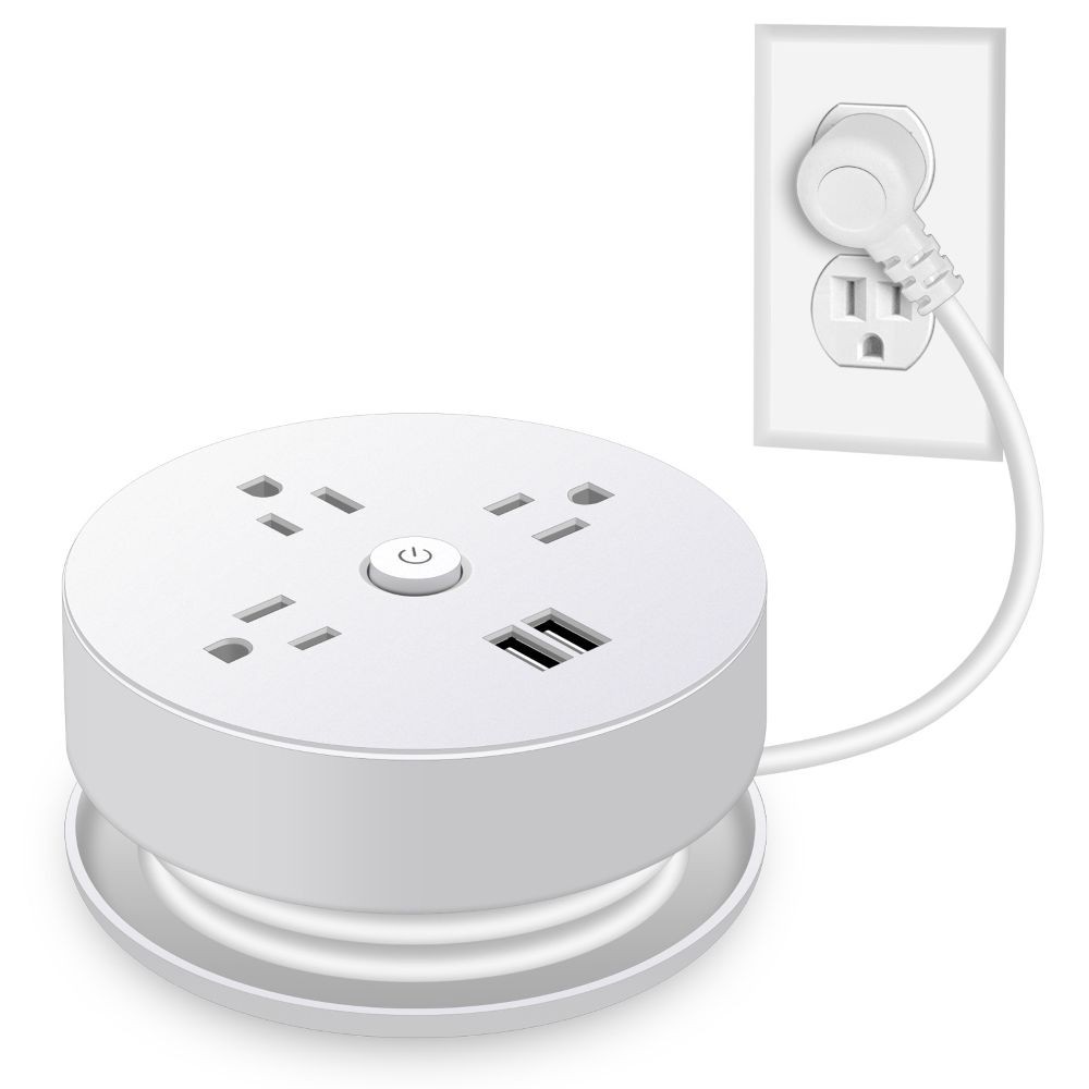 Portable Round Power Strip 3 AC 2 USB 3.9ft Retractable Cord Surge Protector