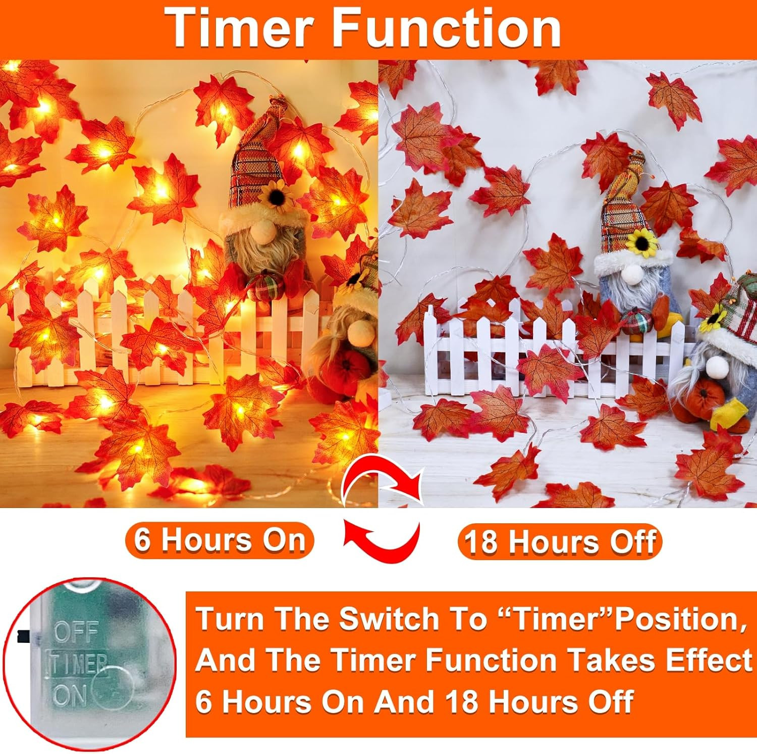 Timer & 3 Pack - 30Ft Fall Garland Halloween Fall Decorations for Home 60 LED Le