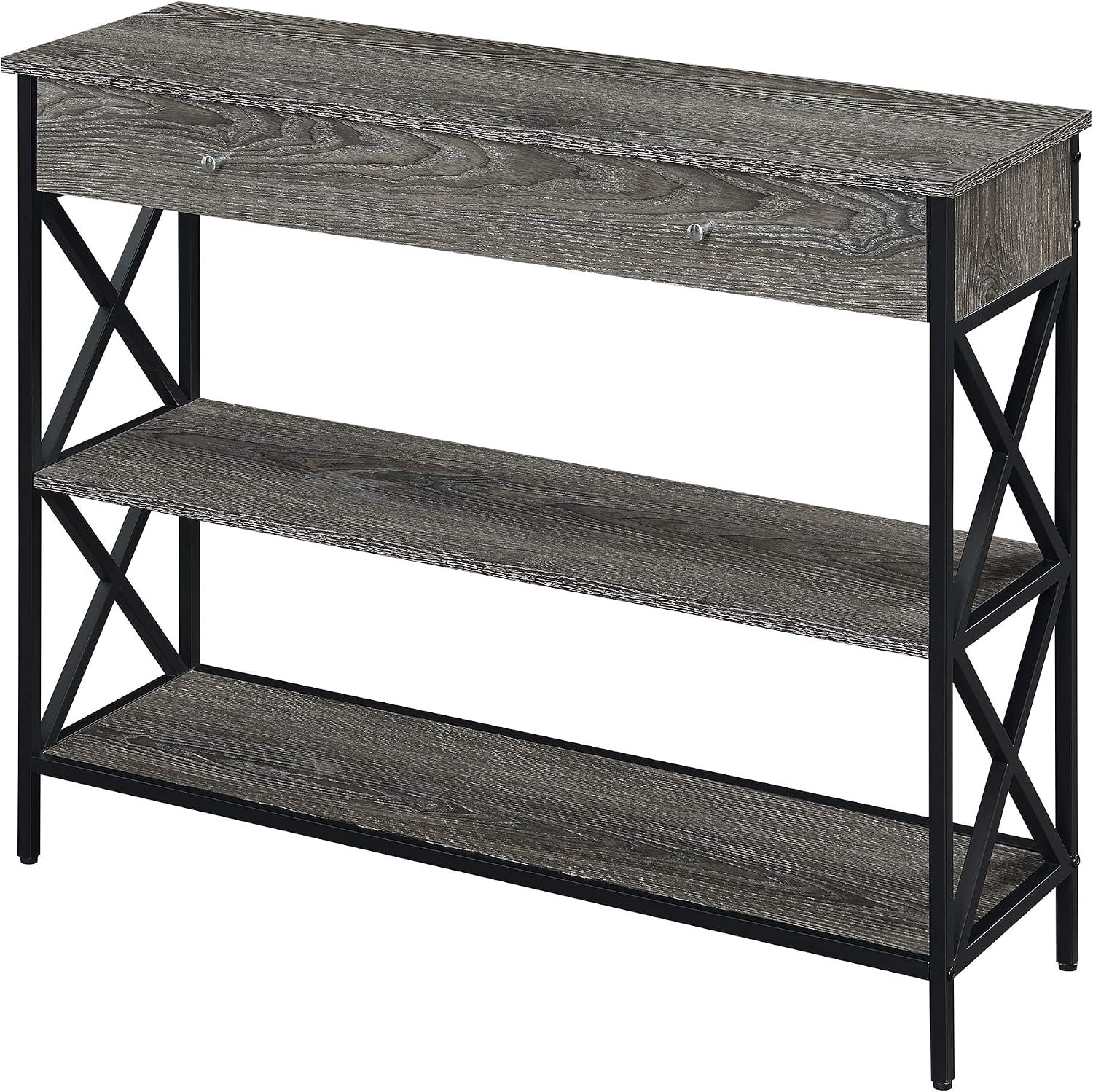 Tucson 1-Drawer Console Table with Shelves, Weathered Gray/Black