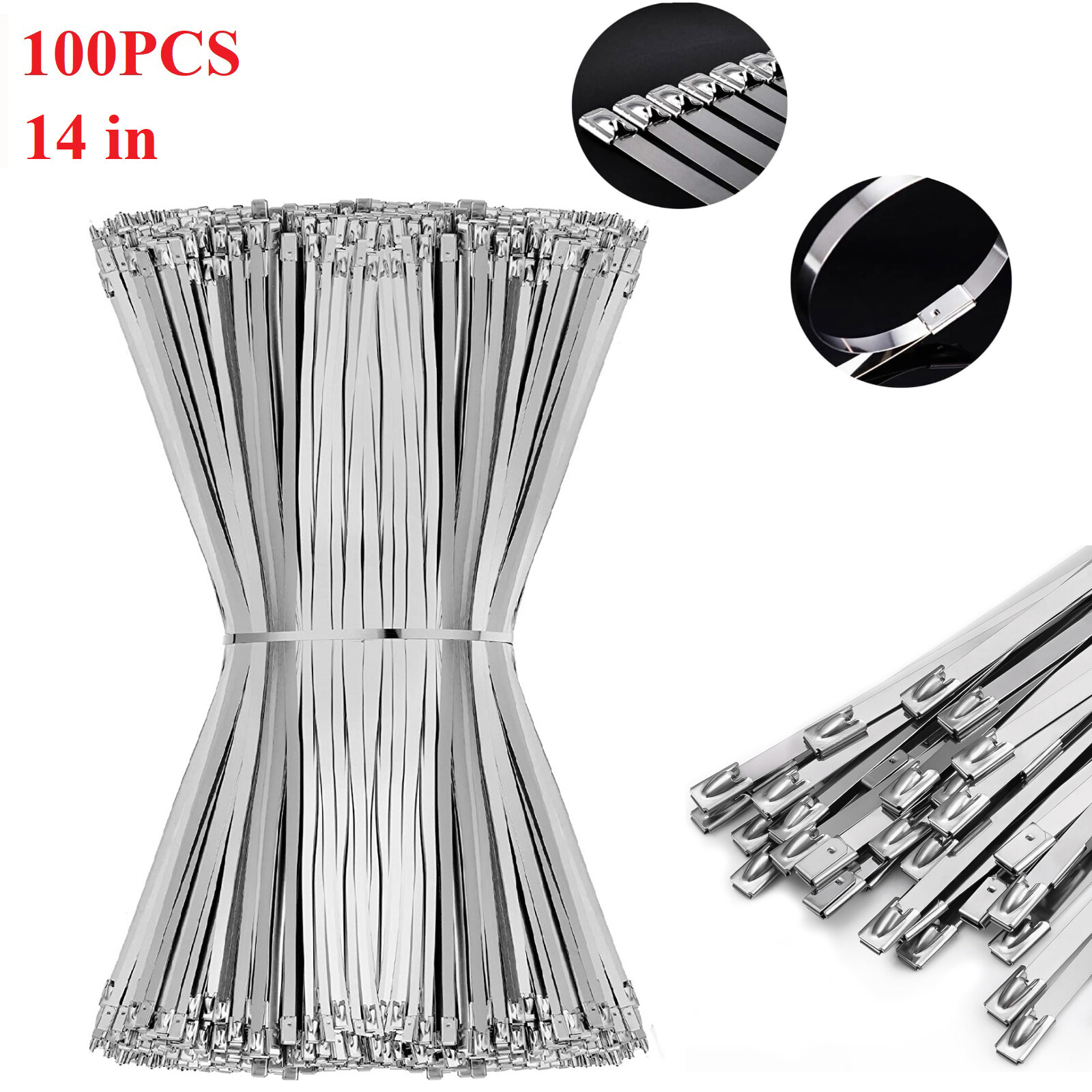 14" 100Pcs Metal Zip Ties 304 Stainless Steel Cable Wire Heavy Duty Self-Locking