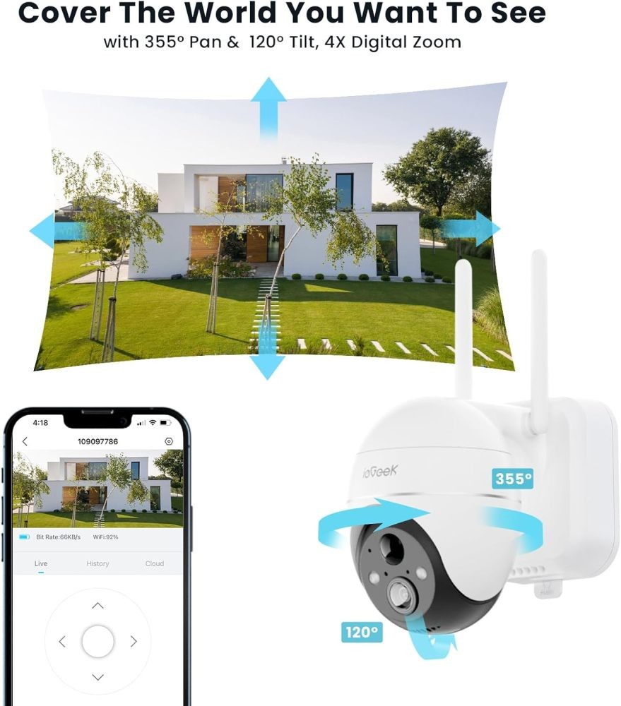 ieGeek 360° PTZ Solar Security Camera Wireless Outdoor - 2K, Auto-Tracks Motion