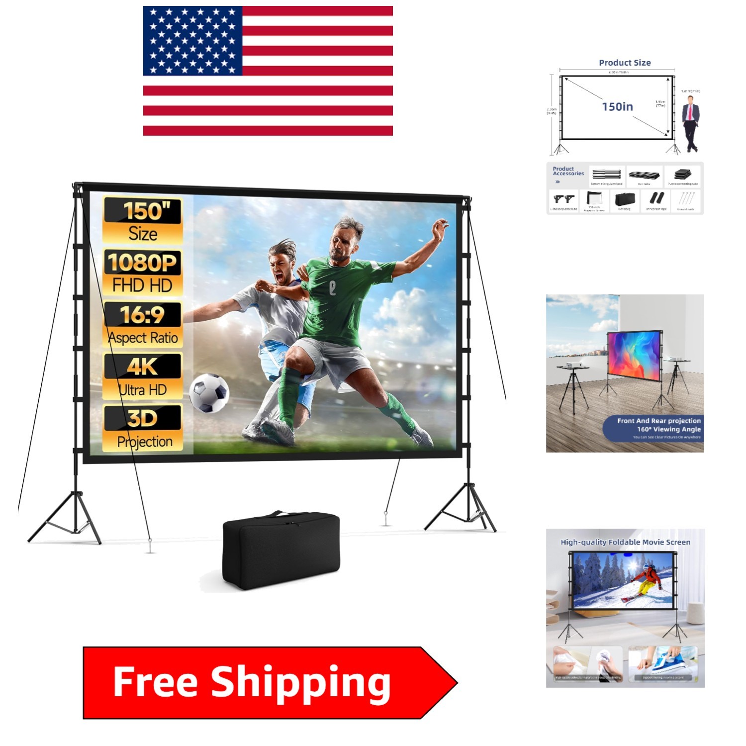 150 Inch Outdoor Movie Projector Screen - Lightweight Stand Included