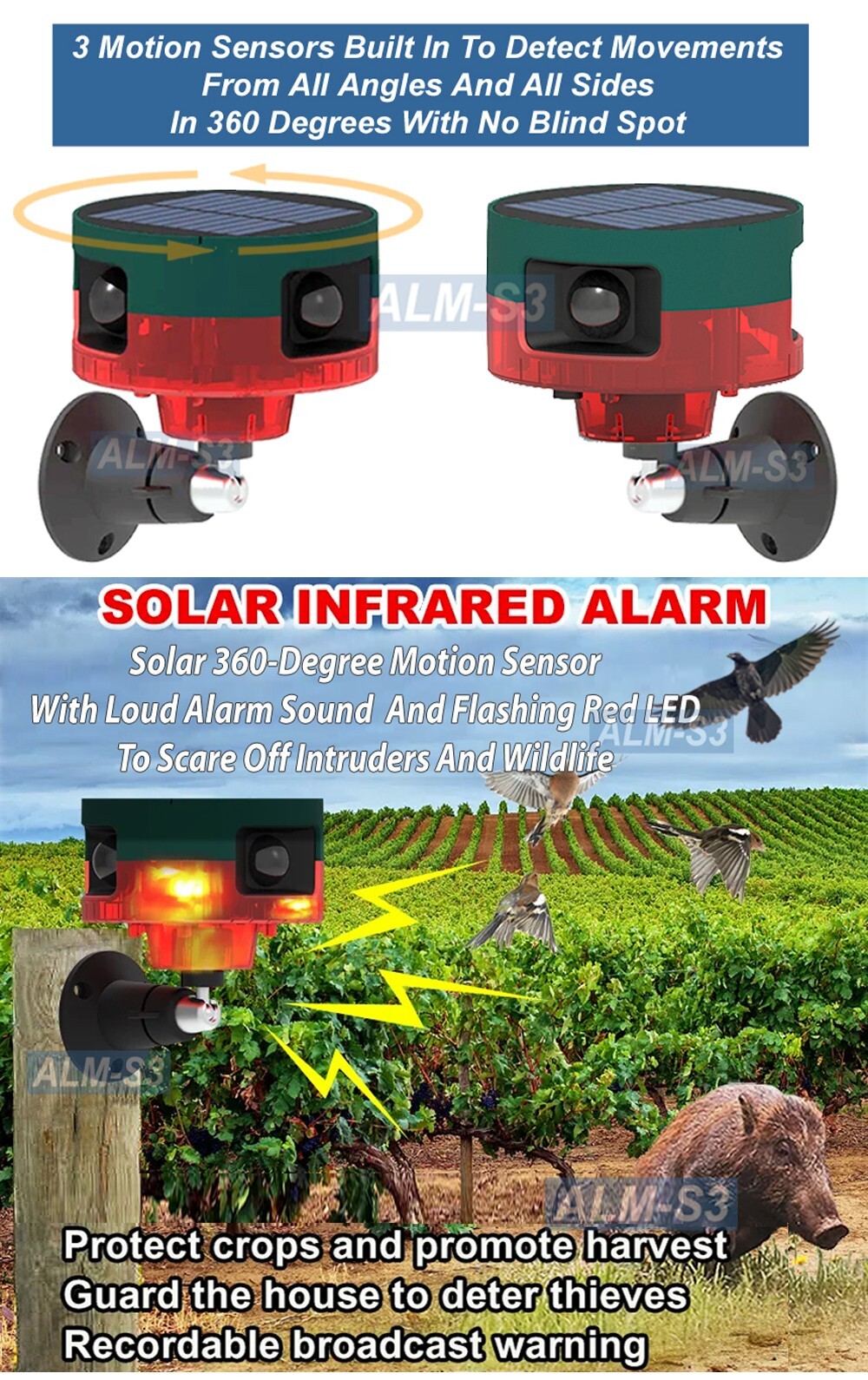 Premium 360-Degree Solar-Powered Motion Sensor Mobile Alarm With IR Remote
