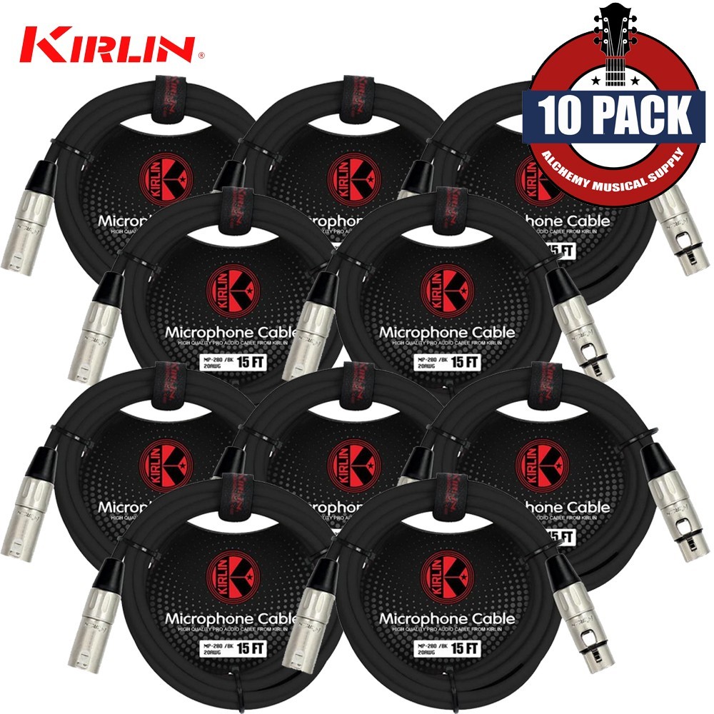 10-PACK Kirlin 15FT 3-Pin XLR Male to Female 20AWG Microphone Cable MP-280-15/BK