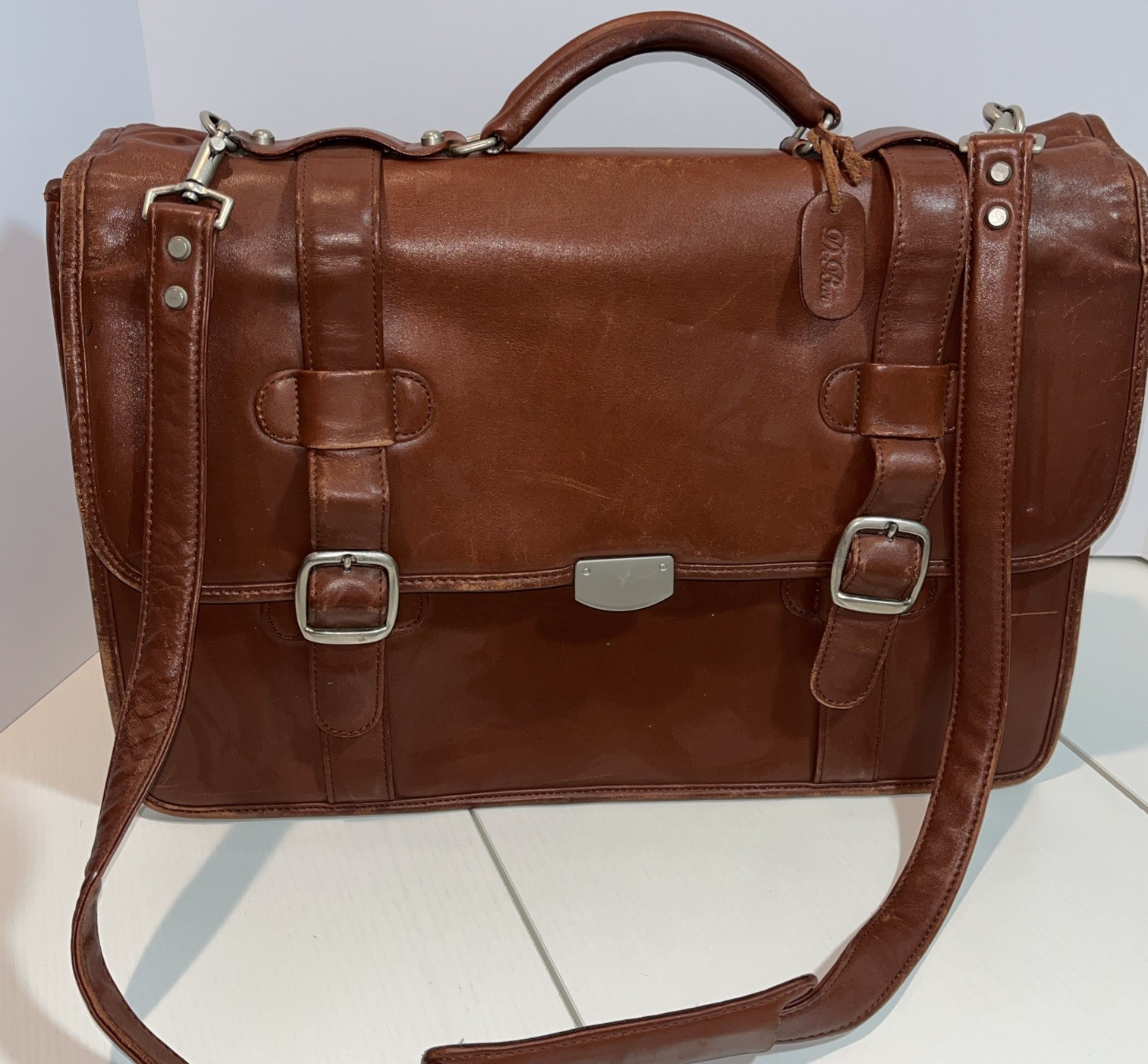 De Bon Brown Leather Computer Case or Brief Case with Shoulder Strap READ