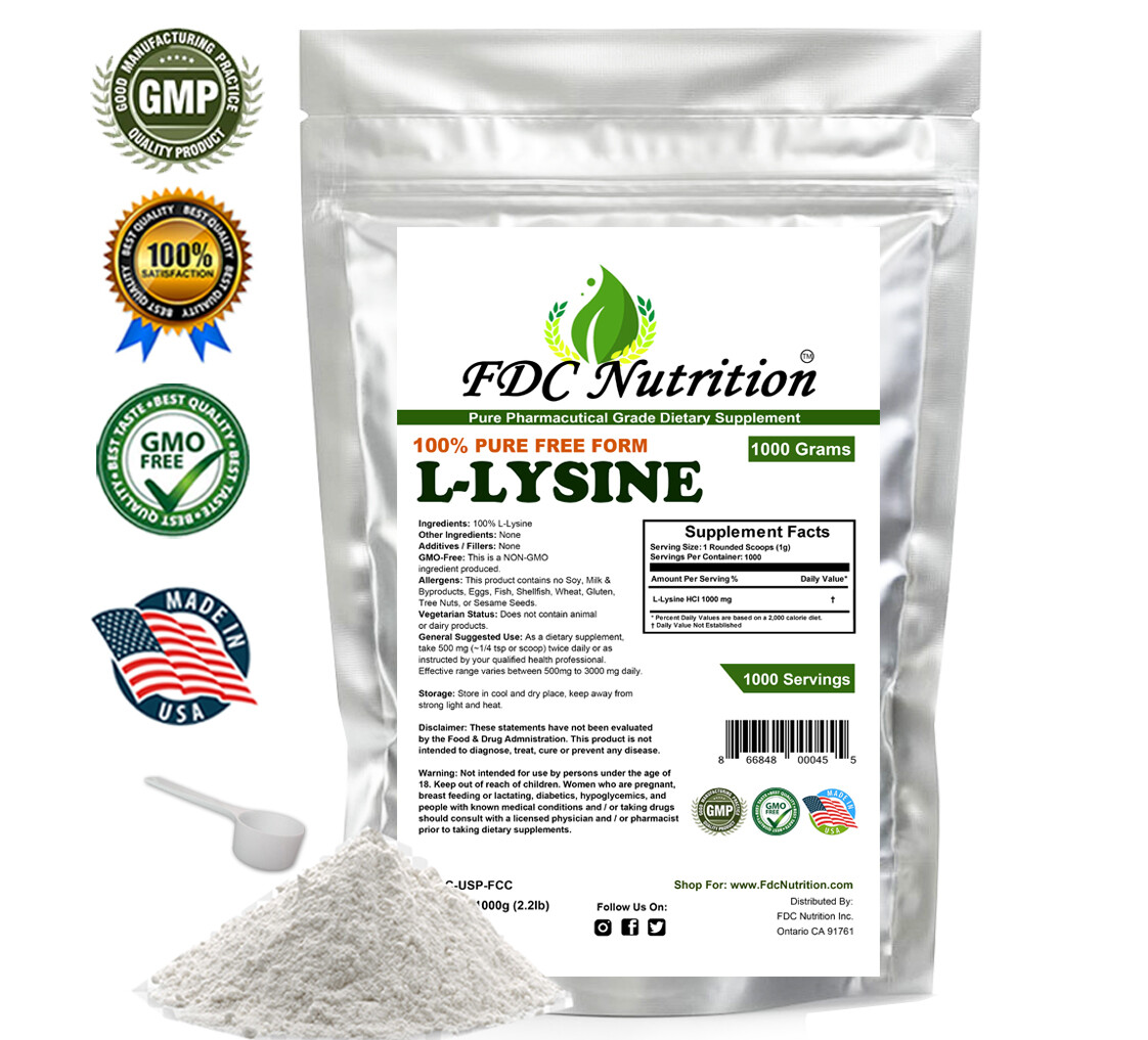 1000g (2.2 lb)  L-LYSINE HCL PURE POWDER US PHARMACEUTICAL GRADE KOSHER