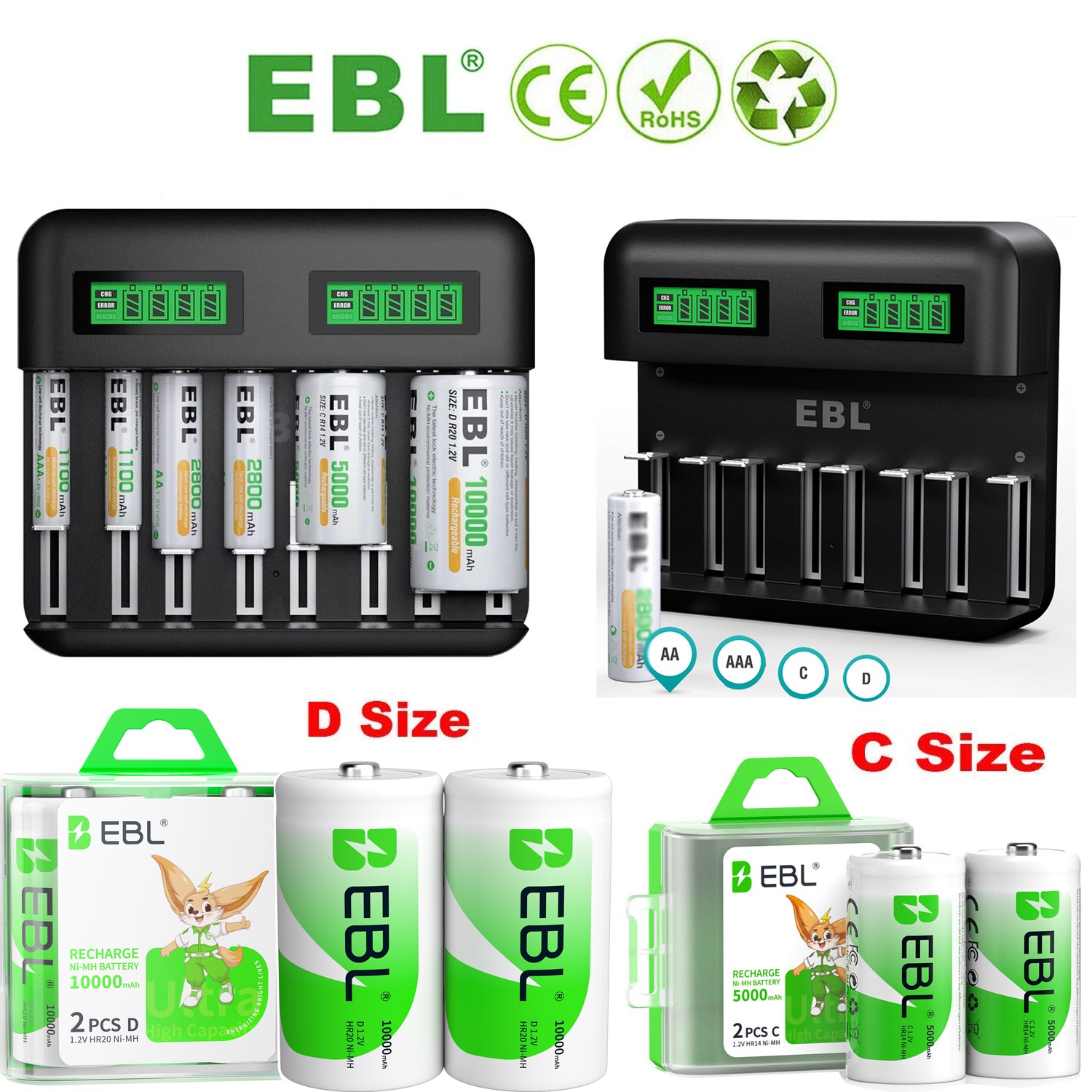 Lot EBL AA AAA C D Cell Rechargeable Batteries NI-MH 1.2V Battery / LCD Charger
