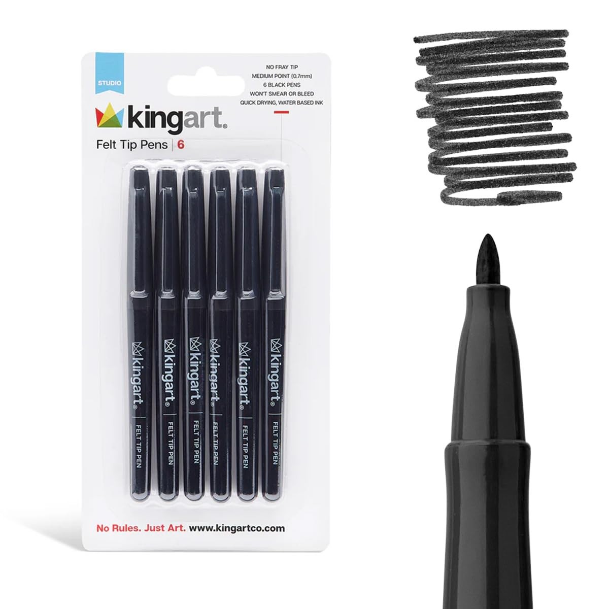 KINGART Studio Felt Tip Pens 6 Black Ink Markers 0.7 mm Water Based Pens