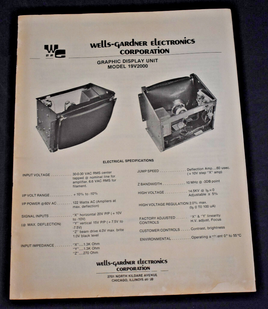 Vtg. Wells-Gardner Graphic Display Unit 19V2000 Service & Parts Manual b