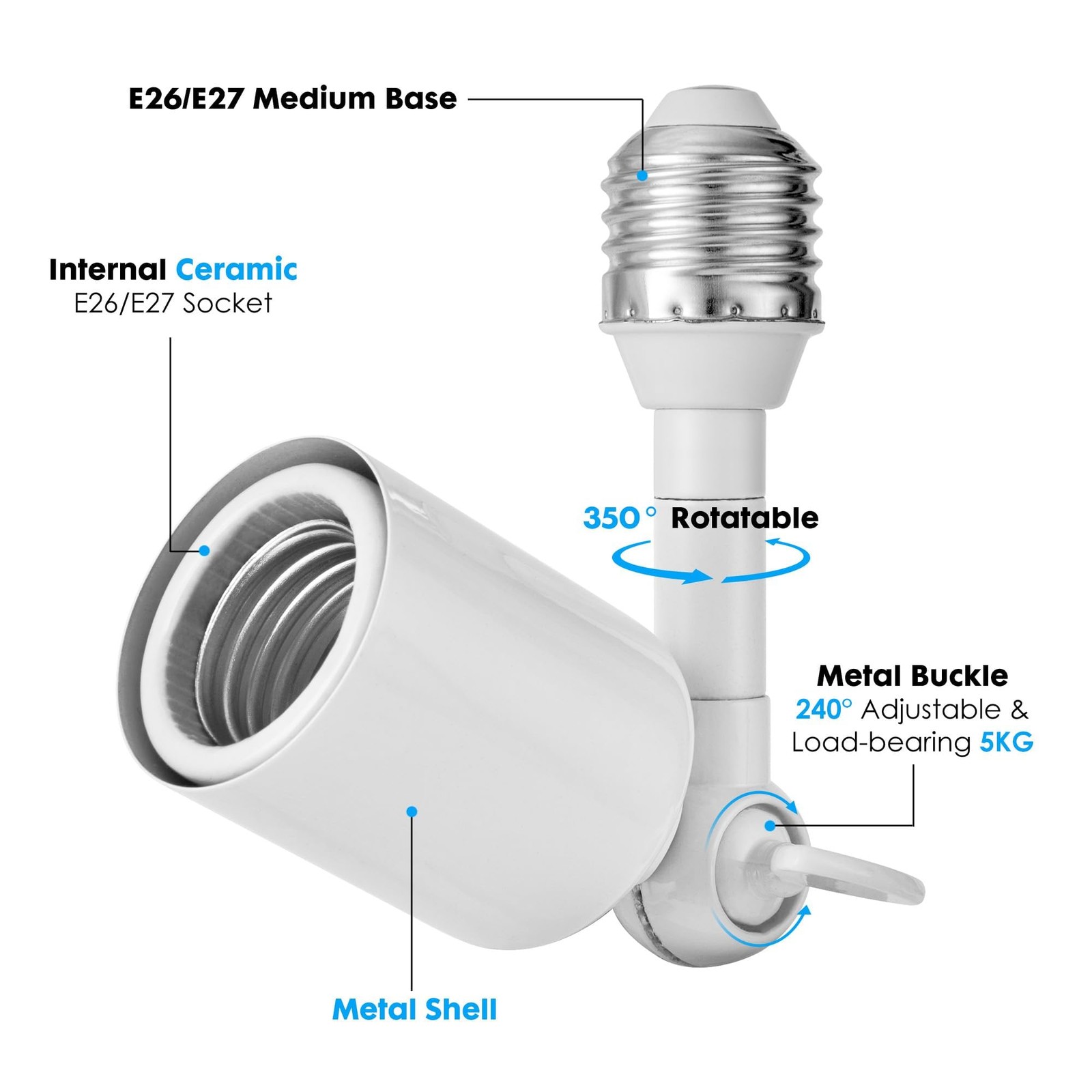 Light Socket Extender 2-Pack, 360° Adjustable E26/E27, 1250W | Indoor/Outdoor