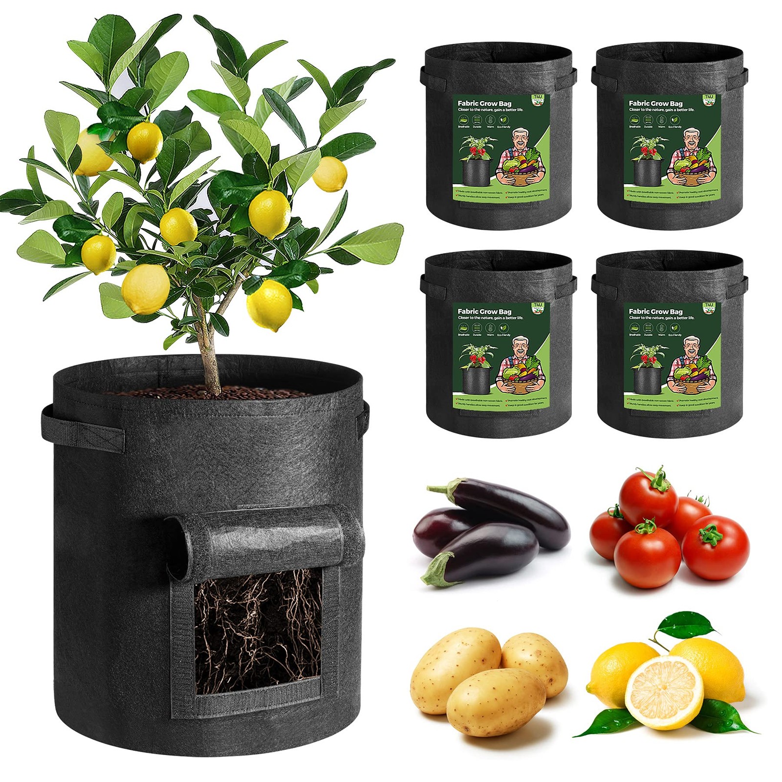 T4U Fabric Potato Grow Bags 10 Gallon 5-Pack Heavy Duty Nonwoven Garden Pots