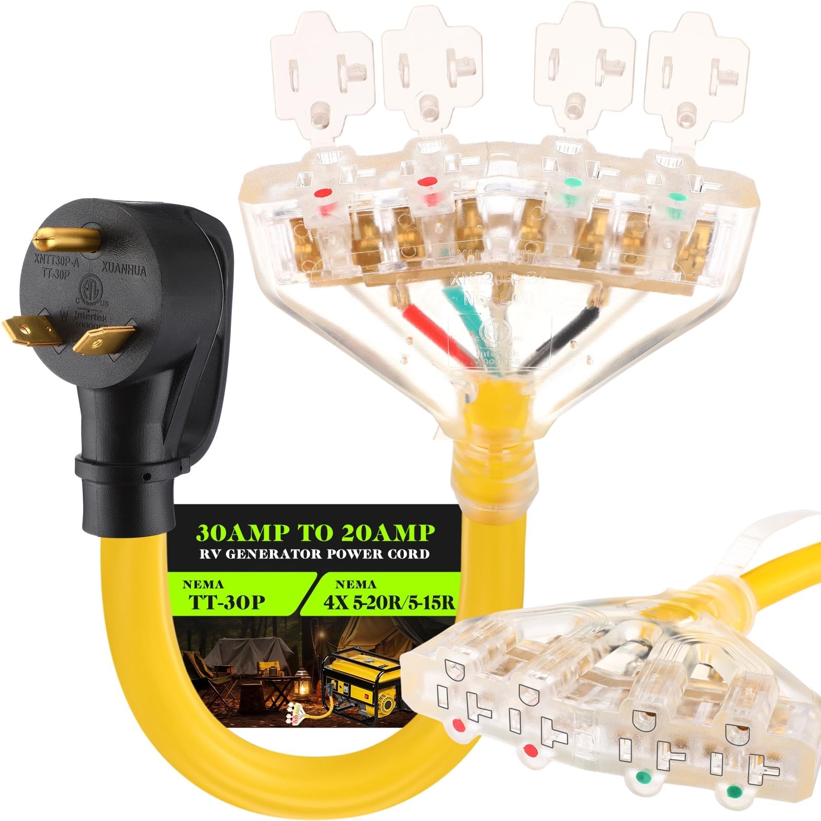 Tellegloww 1.5 FT 30 Amp to 20 110V black plug prongs, yellow power cord