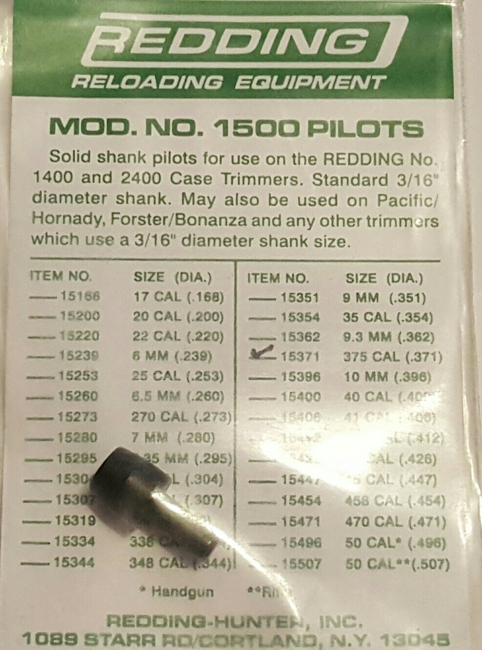 15371 REDDING HORNADY FORSTER 375 CALIBER TRIMMER PILOT - BRAND NEW - FREE SHIP!
