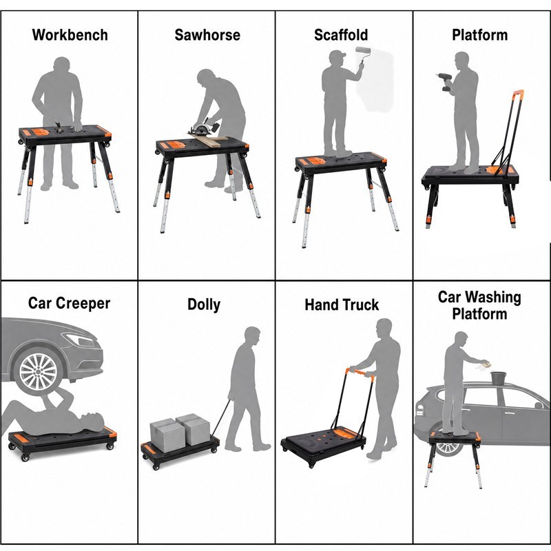 8-in-1 Folding Work Table Portable Workbench with Wheels & US Standard Socket