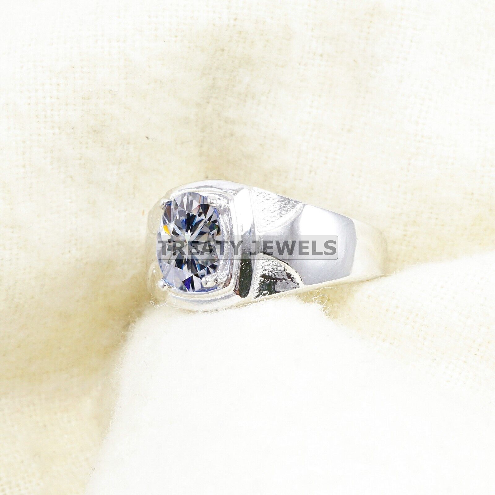 Moissanite Oval Cut Gemstone With 14K Solid White Gold Ring For Men's #B331
